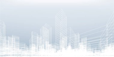 Soyut kablo şeması şehir arka planı. Kablo çerçevesinin 3 boyutlu perspektifi. Vektör illüstrasyonu.