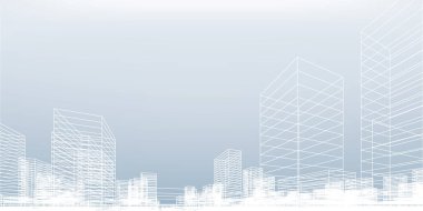 Soyut kablo şeması şehir arka planı. Kablo çerçevesinin 3 boyutlu perspektifi. Vektör illüstrasyonu.