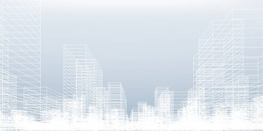 Soyut kablo şeması şehir arka planı. Kablo çerçevesinin 3 boyutlu perspektifi. Vektör illüstrasyonu.