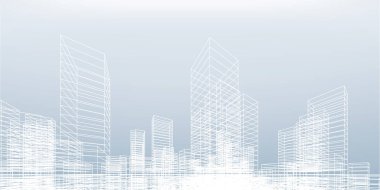 Soyut kablo şeması şehir arka planı. Kablo çerçevesinin 3 boyutlu perspektifi. Vektör illüstrasyonu.