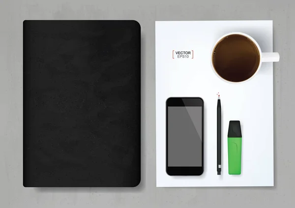 黒いノートブックと Office オブジェクトの背景はコンクリートの質感 ベクトル図 — ストックベクタ