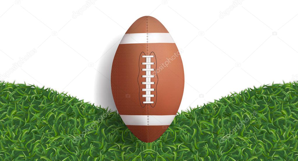 American football ball with green grass texture background. Vector illustration.