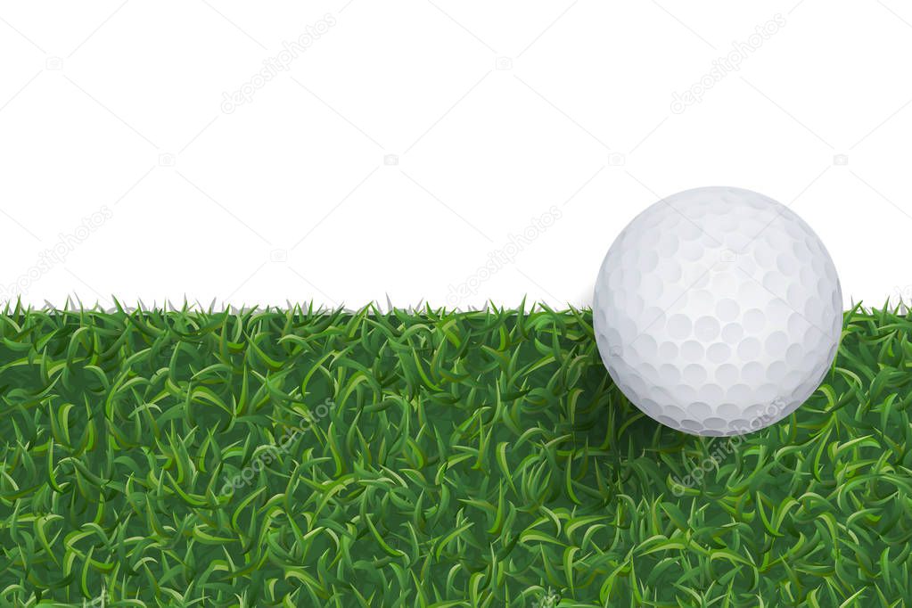Golf ball and green grass background with area for copy space. Vector illustration.