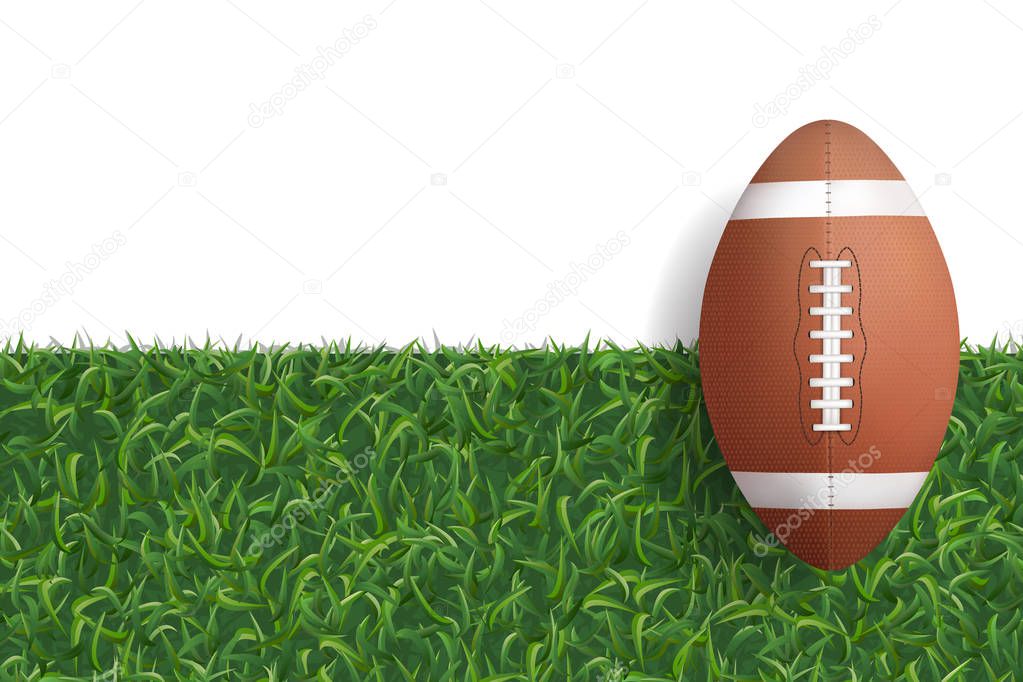American football ball on green grass texture background. Vector illustration.