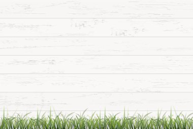 Beyaz vintage ahşap doku arka plan yeşil çim sahası ile. Vektör çizim.