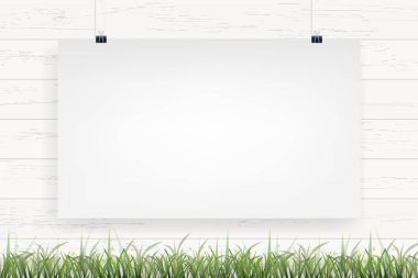 Beyaz Kağıt afiş arka plan beyaz ahşap duvarda asılı. Vektör çizim.