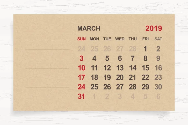2019年3月 月度日历在褐色纸和木背景与区域为笔记 矢量插图 — 图库矢量图片