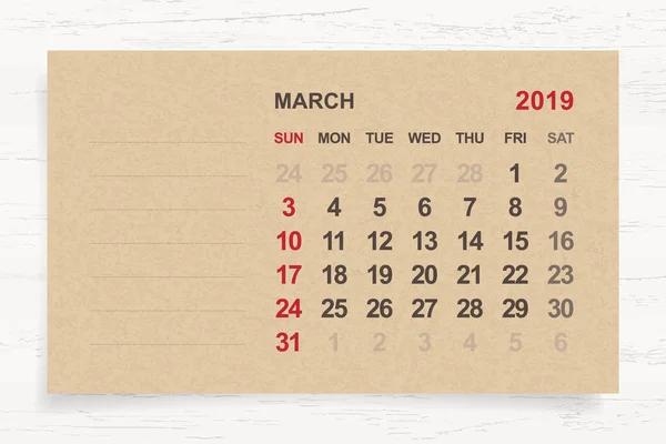 Marzo 2019 Calendario Mensual Sobre Papel Marrón Fondo Madera Con — Archivo Imágenes Vectoriales