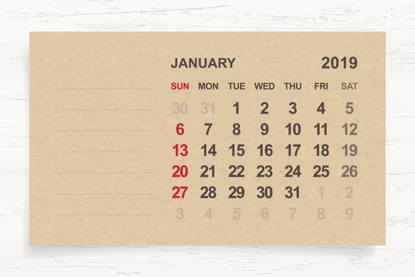 2019年1月 月度日历在褐色纸和木背景与区域为笔记 矢量插图 — 图库矢量图片