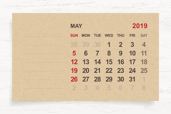 Mayo 2019 Calendario Mensual Sobre Papel Marrón Fondo Madera Con — Archivo Imágenes Vectoriales