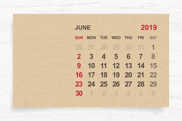 Června 2019 Měsíční Kalendář Balicího Papíru Dřeva Zázemí Plochou Pro — Stockový vektor
