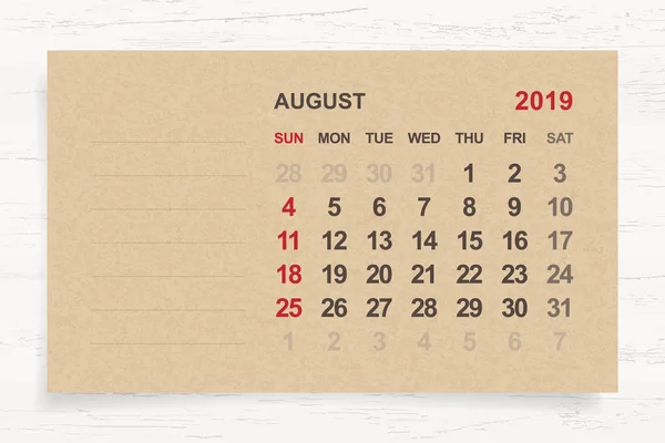 Sierpnia 2019 Kalendarz Miesięczny Brązowy Papier Drewno Tło Obszaru Dla — Wektor stockowy