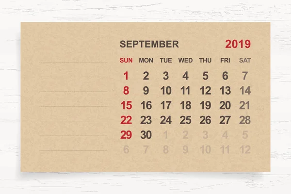 Septiembre 2019 Calendario Mensual Sobre Papel Marrón Fondo Madera Con — Archivo Imágenes Vectoriales