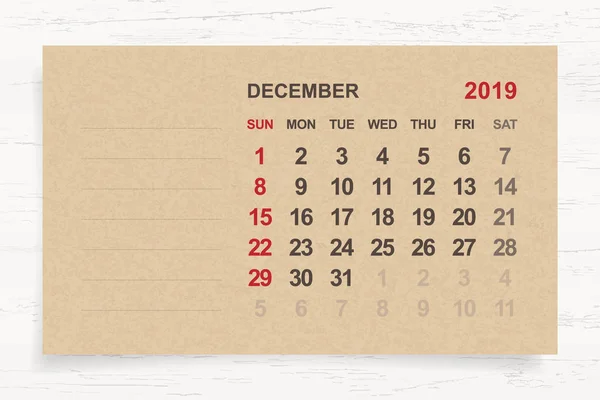 Diciembre 2019 Calendario Mensual Sobre Papel Marrón Fondo Madera Con — Archivo Imágenes Vectoriales