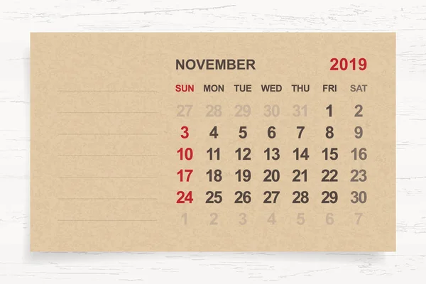 2019年11月 月度日历在褐色纸和木背景与区域为笔记 矢量插图 — 图库矢量图片