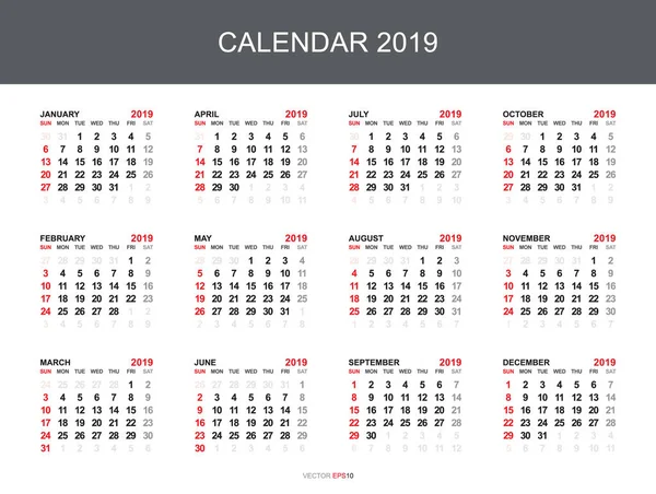 Calendario 2019 Con Meses Sobre Fondo Blanco Ilustración Vectorial — Archivo Imágenes Vectoriales