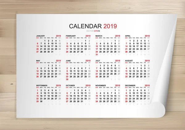 Calendario 2019 Año Sobre Hoja Papel Blanco Fondo Madera Ilustración — Vector de stock