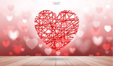 Arka plan kırmızı kalp ile ışık ahşap doku üzerinde yüzen bokeh bulanık. Vektör çizim.