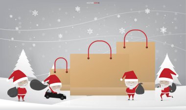 Noel Baba ve afiş arka plan reklam için alışveriş çantası. Vektör çizim.