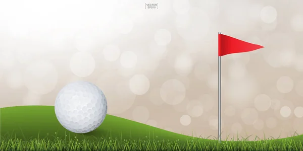 Golf ball on green hill of golf court with light blurred bokeh background. Vector illustration.