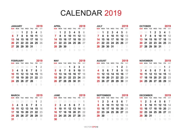 Calendario 2019 Año Estilo Simple Semana Comienza Domingo Ilustración Vectorial — Archivo Imágenes Vectoriales