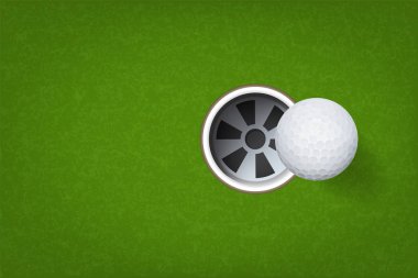 Golf topu ve golf delik yeşil çim zemin üzerine. Vektör çizim.