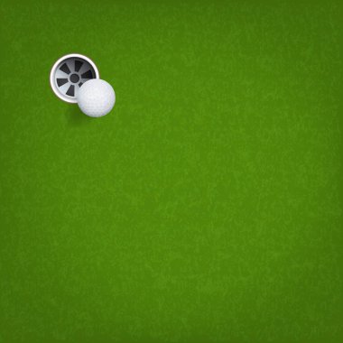 Golf topu ve golf delik yeşil çim zemin üzerine. Vektör çizim.