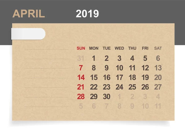 Abril 2019 Calendario Mensual Sobre Papel Marrón Fondo Madera Con — Archivo Imágenes Vectoriales