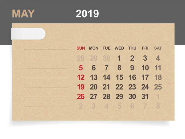 Toukokuu 2019 Ruskean Paperin Puutaustan Kuukausikalenteri Jossa Pinta Ala Huomioidaan — vektorikuva