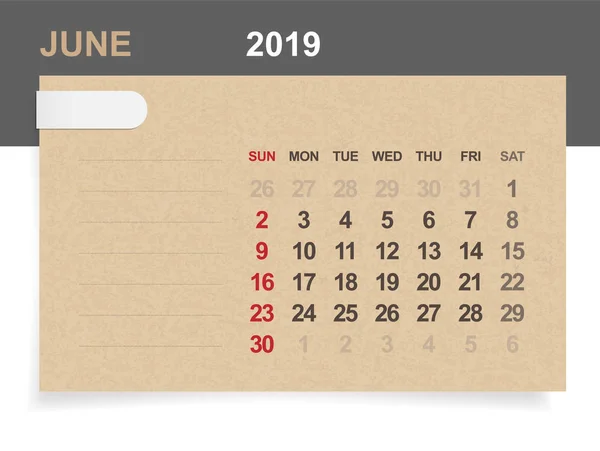 Junio 2019 Calendario Mensual Sobre Papel Marrón Fondo Madera Con — Archivo Imágenes Vectoriales