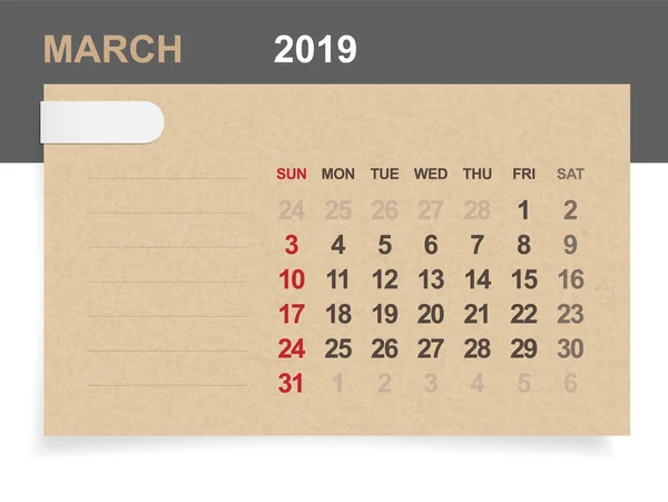 Marzo 2019 Calendario Mensual Sobre Papel Marrón Fondo Madera Con — Archivo Imágenes Vectoriales