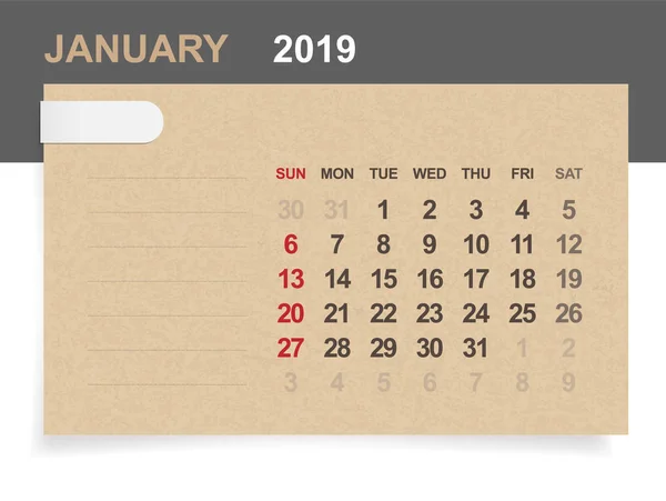 Enero 2019 Calendario Mensual Sobre Papel Marrón Fondo Madera Con — Archivo Imágenes Vectoriales