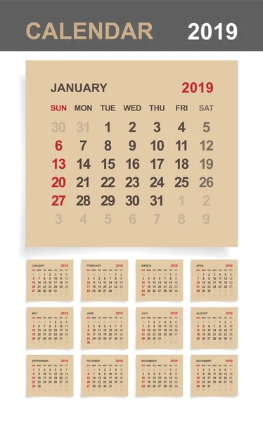 Kalenteri 2019 Kuukausikalenteri Ruskealla Paperilla Valkoisella Puupohjalla Vektoriesimerkki — vektorikuva