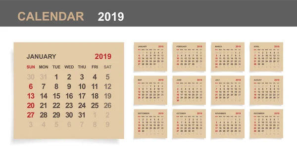 Calendario 2019 Conjunto Calendario Mensual Sobre Papel Marrón Fondo Madera — Archivo Imágenes Vectoriales