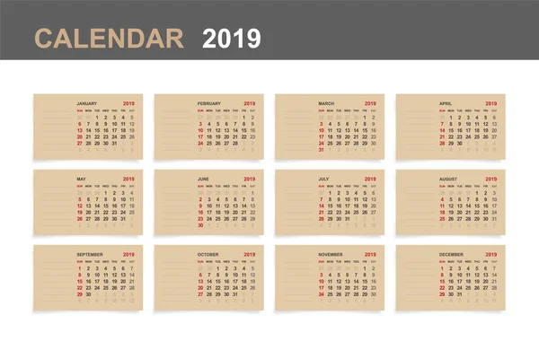 Calendrier 2019 Ensemble Calendrier Mensuel Sur Papier Brun Fond Bois — Image vectorielle