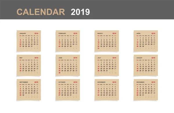 Календарь 2019 Набор Календаря Бумажном Белом Фоне Векторная Иллюстрация — стоковый вектор