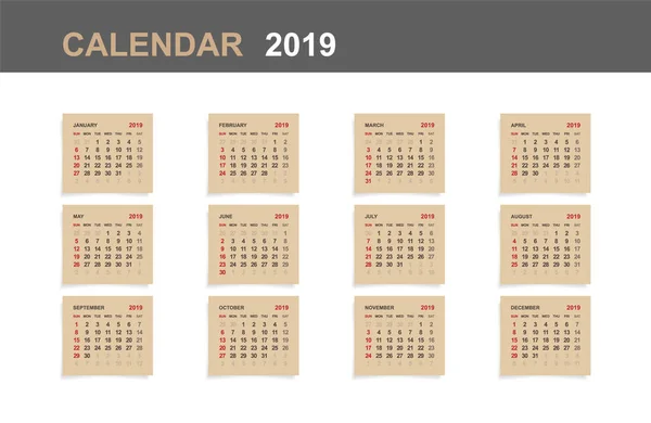 Calendario 2019 Conjunto Calendario Mensual Sobre Papel Marrón Fondo Madera — Archivo Imágenes Vectoriales