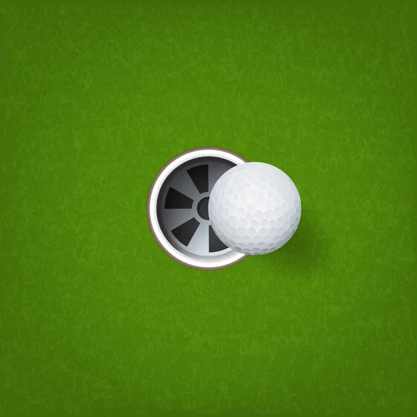 Golf ball and golf hole on green grass background. Vector illustration.