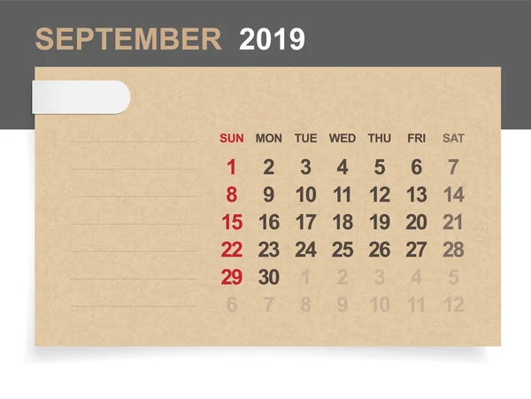 Сентябрь 2019 Ежемесячный Календарь Коричневой Бумаге Деревянном Фоне Площадью Примечания — стоковый вектор