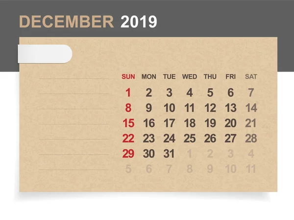 Diciembre 2019 Calendario Mensual Sobre Papel Marrón Fondo Madera Con — Archivo Imágenes Vectoriales