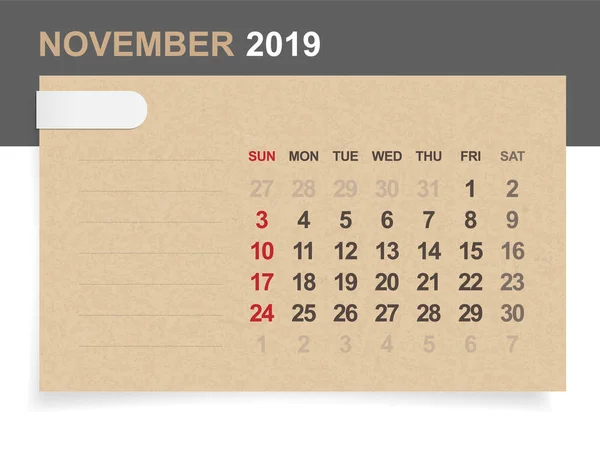 November 2019 Monatskalender Auf Braunem Papier Und Holzgrund Mit Notizfläche — Stockvektor