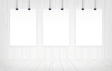 Beyaz Kağıt afiş ile ahşap duvar arka plan asılı. Vektör çizim.