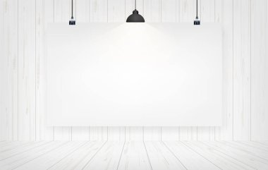Beyaz Kağıt afiş ile ahşap duvar arka plan asılı. Vektör çizim.