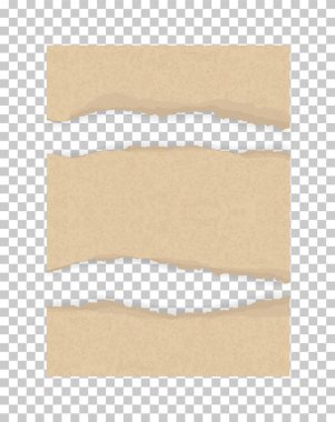 Yırtık kağıt kenarları arka plan için. Kahverengi kağıt dokusu üzerinde şeffaf arka plan sökük. Vektör çizim.