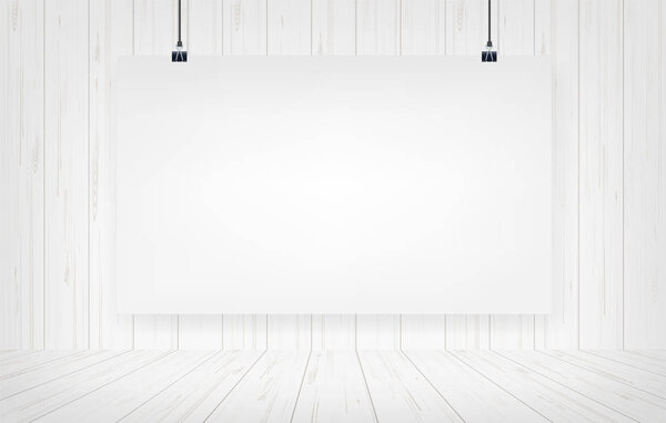 White paper poster hanging with wooden wall background. Vector illustration.