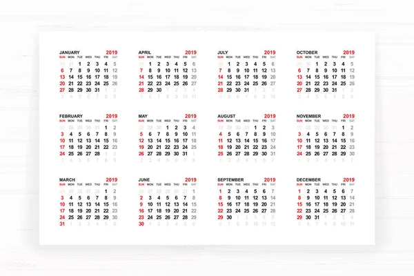 Calendario 2019 Año Sobre Papel Blanco Con Fondo Textura Madera — Archivo Imágenes Vectoriales