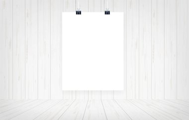 Beyaz Kağıt afiş ile ahşap duvar arka plan asılı. Vektör çizim.