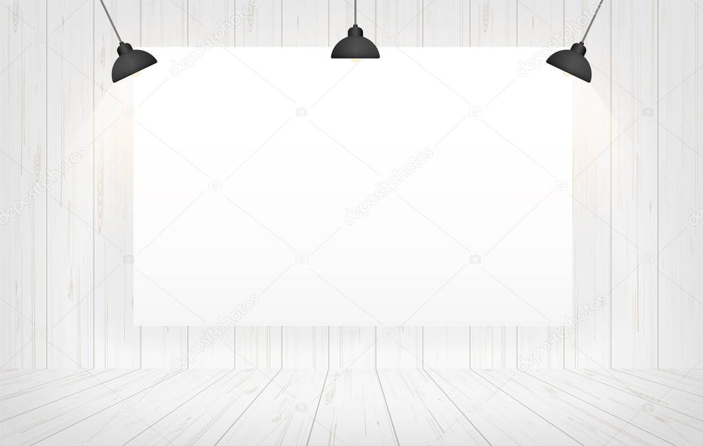 White canvas frame in room space background. Vector illustration.