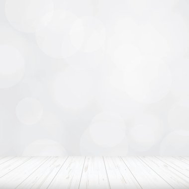 Ahşap zemin bakış açısı ışık ile montaj veya görüntü ürün için kullanılan bokeh arka plan bulanık. Vektör çizim.