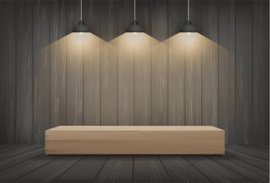 Ahşap Bank ampul ile karanlık bir odada uzay arka plan. Vektör çizim.